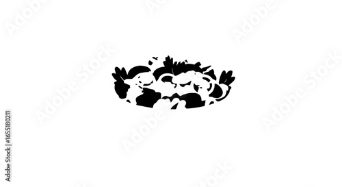 Stylized black and white graphic illustration of a fresh vegetable salad bowl.