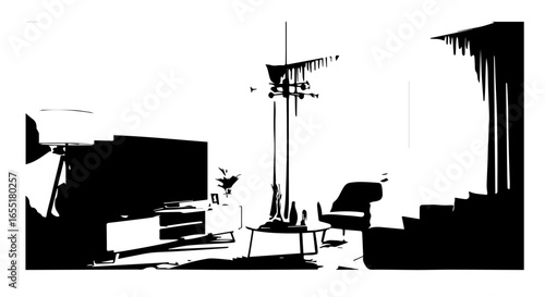 Stylized black and white graphic illustration of a modern living room interior scene.