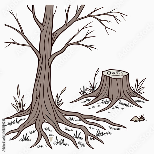 Various brown tree or shrub roots. Parts of plant, root system with tree stump. Dendrology, study of woody plants. Sketch drawing. Vector illustration