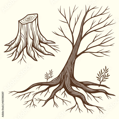 Various brown tree or shrub roots. Parts of plant, root system with tree stump. Dendrology, study of woody plants. Sketch drawing. Vector illustration