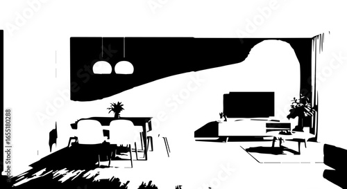 Stylized black and white graphic illustration of a modern openplan living and dining room interior.