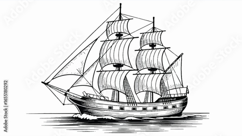 Elegant Hand Drawn Sailing Ship Illustration with Detailed Sails and Hull on White Background for Nautical Themed Designs