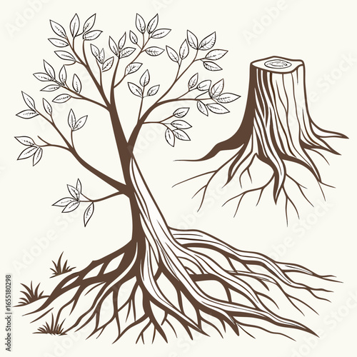 Various brown tree or shrub roots. Parts of plant, root system with tree stump. Dendrology, study of woody plants. Sketch drawing. Vector illustration