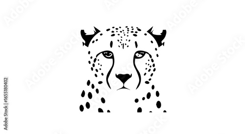 Stylized black and white graphic of a cheetahs face a minimalist portrait with iconic tear marks and spots.