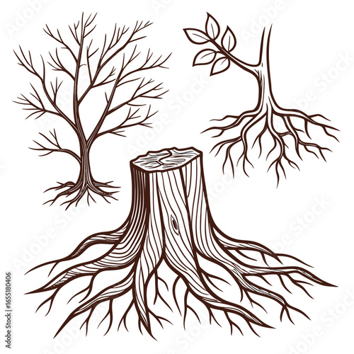 Various brown tree or shrub roots. Parts of plant, root system with tree stump. Dendrology, study of woody plants. Sketch drawing. Vector illustration