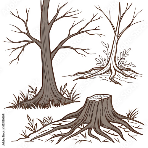 Various brown tree or shrub roots. Parts of plant, root system with tree stump. Dendrology, study of woody plants. Sketch drawing. Vector illustration