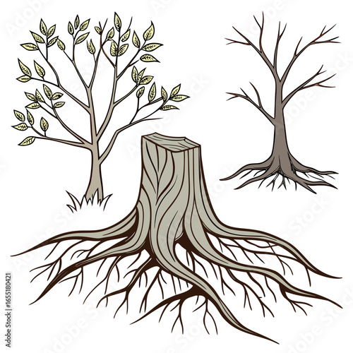 Various brown tree or shrub roots. Parts of plant, root system with tree stump. Dendrology, study of woody plants. Sketch drawing. Vector illustration