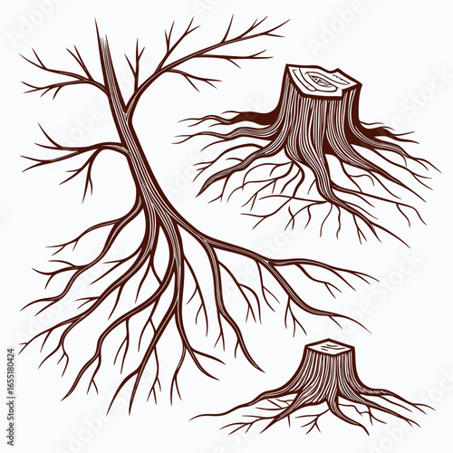 Various brown tree or shrub roots. Parts of plant, root system with tree stump. Dendrology, study of woody plants. Sketch drawing. Vector illustration