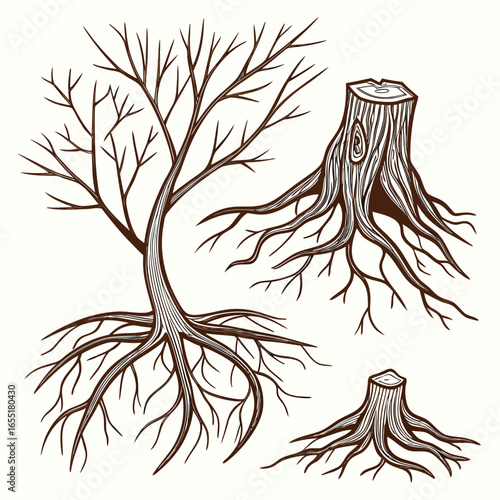 Various brown tree or shrub roots. Parts of plant, root system with tree stump. Dendrology, study of woody plants. Sketch drawing. Vector illustration