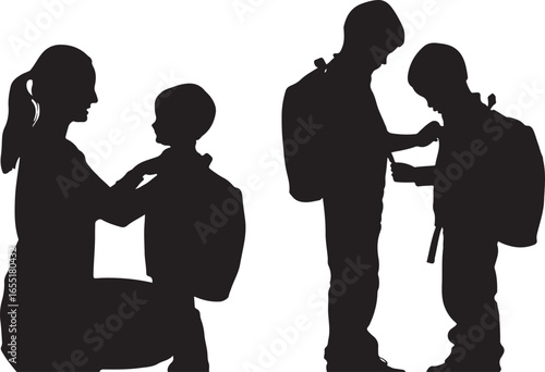 Parent helping child with backpack and two boys with backpacks school