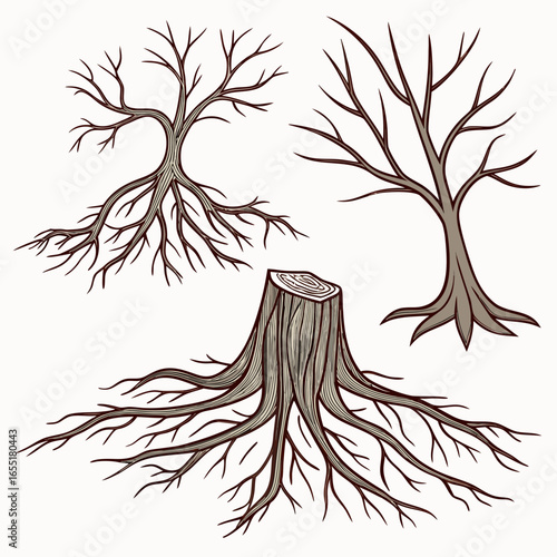 Various brown tree or shrub roots. Parts of plant, root system with tree stump. Dendrology, study of woody plants. Sketch drawing. Vector illustration