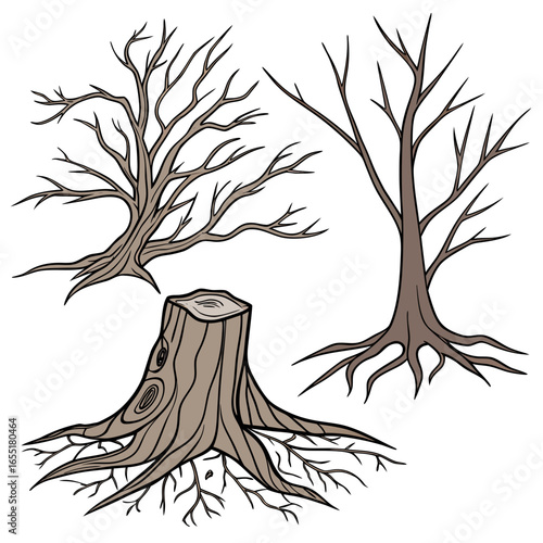 Various brown tree or shrub roots. Parts of plant, root system with tree stump. Dendrology, study of woody plants. Sketch drawing. Vector illustration