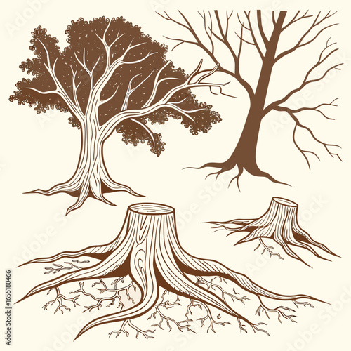 Various brown tree or shrub roots. Parts of plant, root system with tree stump. Dendrology, study of woody plants. Sketch drawing. Vector illustration