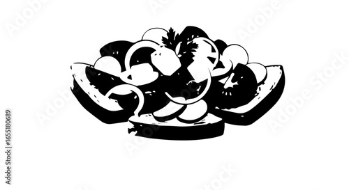 Stylized black and white graphic of a fresh salad in avocado boats with onion rings and parsley.