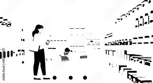 Stylized black and white illustration of a woman shopping with a smartphone in an abstract grocery aisle.