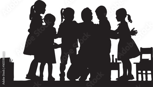 Teacher embraces children in classroom setting education learning