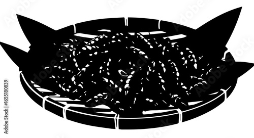 Stylized black and white illustration of fermented soybeans in a unique catshaped woven basket.