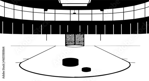 Stylized black and white illustration of an empty ice hockey rink with goal and pucks on the ice.