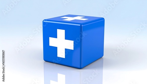 A glossy blue cube with a white plus symbol, presenting a simple, clean 3D design.