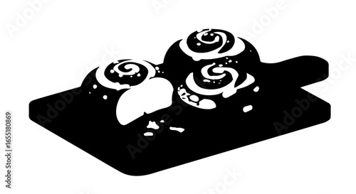 Stylized black and white illustration of frosted cinnamon rolls on a cutting board.