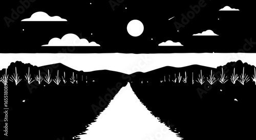 Stylized black and white landscape with a road leading to mountains under a starry night sky.