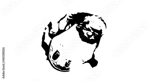 Stylized black and white stencil illustration of a relaxed lying panda bear.