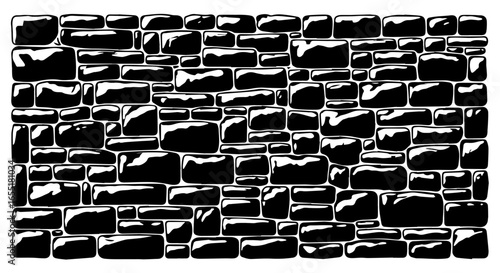 Stylized black and white stone wall pattern with irregular bricks and graphic highlights.