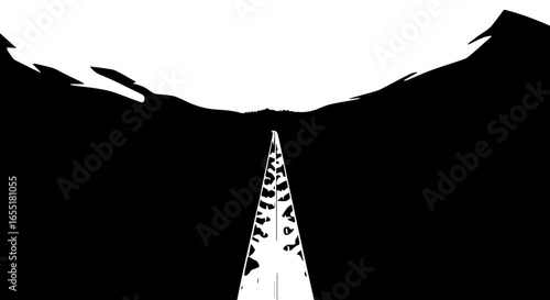 Stylized black and white vector illustration of a road leading towards a mountain range.