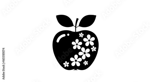 Stylized black apple silhouette with a decorative white floral pattern and leaves.
