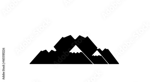 Stylized black mountain range graphic with triangular snowcapped peaks.