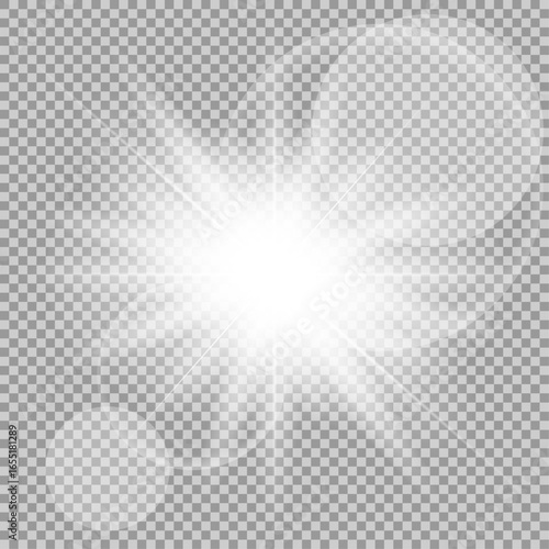 White glowing light explosive burst. New Year illustration for decoration cooling effect with ray glitter. Bright star. Transparent glitter gradient, unforgettable shine. Glare texture.