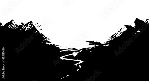 Stylized black silhouette of a mountain range with a winding river flowing through a valley.