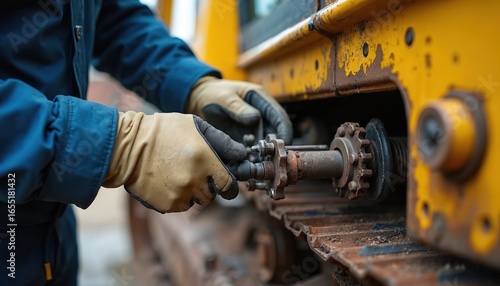 Blue-collar worker repairs excavator hydraulic system using tools. Focus on skilled labor, heavy machinery maintenance, industrial engineering. Technician works on complex mechanical parts, ensuring