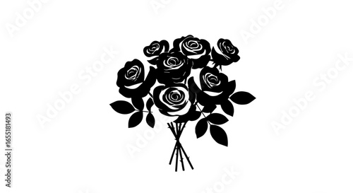 Stylized black silhouette of a rose bouquet with thorny stems tied together in a graphic illustration.