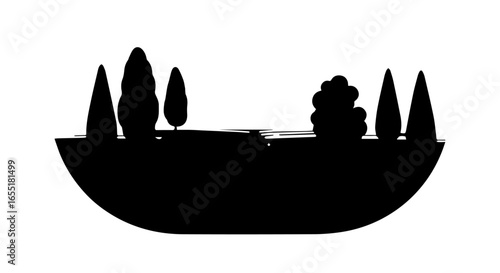 Stylized black silhouette of a rural landscape with cypress and deciduous trees in a curved bowlshaped frame.