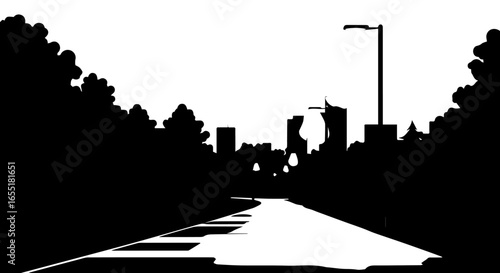Stylized black silhouette of a wet road leading through a park to a distant city skyline.