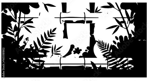 Stylized black silhouette of ancient temple ruins overgrown with dense jungle foliage.