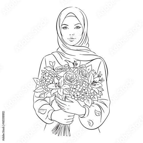 Muslim woman holding flowers, line art vector illustration
