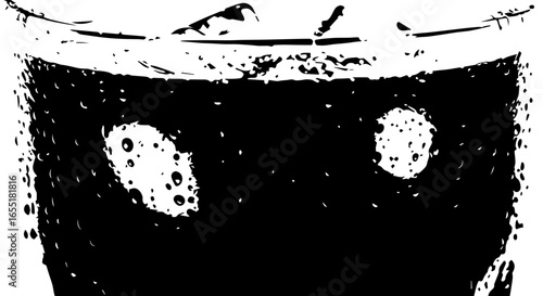 Stylized highcontrast black and white illustration of a cold drink with ice cubes and bubbles.
