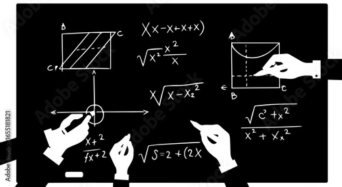 Stylized hands writing complex algebra and geometry formulas with chalk on a blackboard.