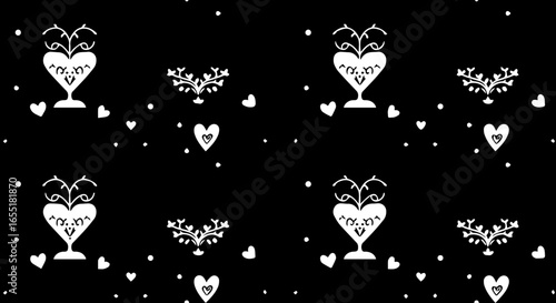 Stylized white heartshaped chalices and floral motifs in a seamless romantic pattern.