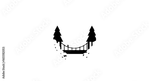 Symmetrical black silhouette icon of a suspension bridge between two tall pine trees over a rocky canyon.