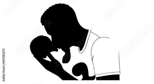 Tender black silhouette of a loving parent gently kissing their newborn babys curly hair.