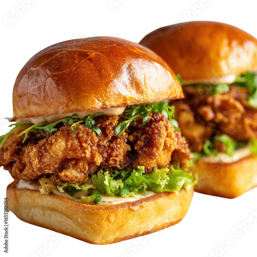 Delicious crispy fried chicken sliders isolated on transparent background