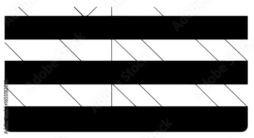 Three bold black horizontal stripes intersected by a pattern of thin angular and vertical lines.