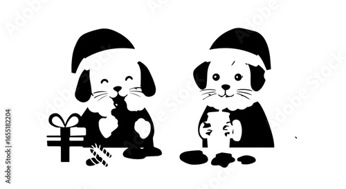 Two cute cartoon puppies in Santa hats celebrating Christmas one opening a gift and one drinking.