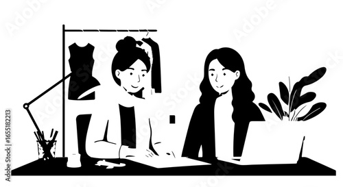 Two female fashion designers collaborating in a minimalist black and white graphic illustration.