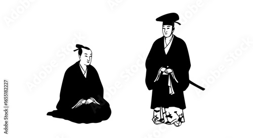 Two historical Japanese men in traditional attire a minimalist black and white illustration.