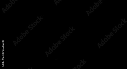 Two tiny white abstract shapes a curved mark and a triangular dot in a minimalist composition.