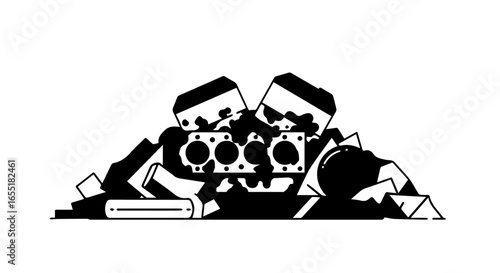 A black and white graphic illustration of a discarded Vengine block covered in oil resting on a pile of scrap metal parts.